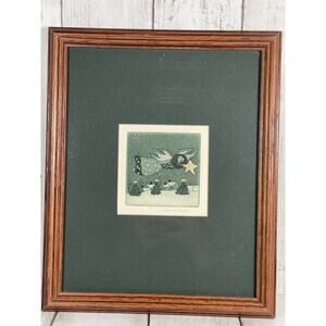 Sarah Rishel Etching Print Framed And Signed Angel Christmas Wintertime
